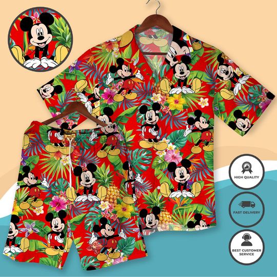Discover Christmas Mickey Red Hawaiian Shirt Holiday Vacation Outfit Santa Claus Mickey Button Down & Shorts Festive Xmas Matching Shirt Gifts