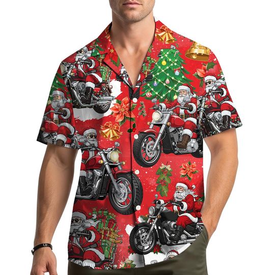 Discover Santa Motorcycle Hawaiian Shirt Men Women Youth, Funny Summer Christmas Beach Shirt Button Up, Biker Santa Holiday Shirt, Xmas Party Outfit