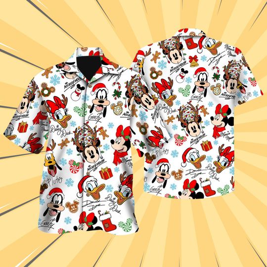 Discover Mickey And Friends Signature Christmas Hawaiian Shirt, Mickey Very Merry Christmas Party Button Hawaiian Set, Mickey Candy Xmas Holiday Tee