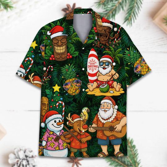 Discover Santa Tiki Christmas In July Hawaiian Shirt Men Women Youth, Tropical Holiday Shirt with Reindeer and Snowman, Xmas Aloha Shirt Button Down
