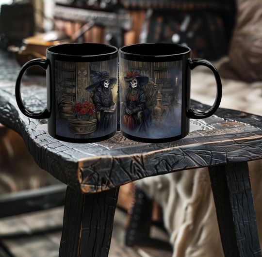 Discover Witchy Haunted Skeleton Library Coffee Mug - Goth Mug - Witchy Mug - Goth Decor - Dark Academia Mug - 11oz or 15oz Black Ceramic Mug