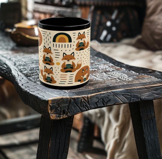 Discover Cozy Fox Coffee Mug - Black Ceramic 11oz/15oz - Warm Neutral Aesthetic for Coffee Lovers & Cozy Gamers