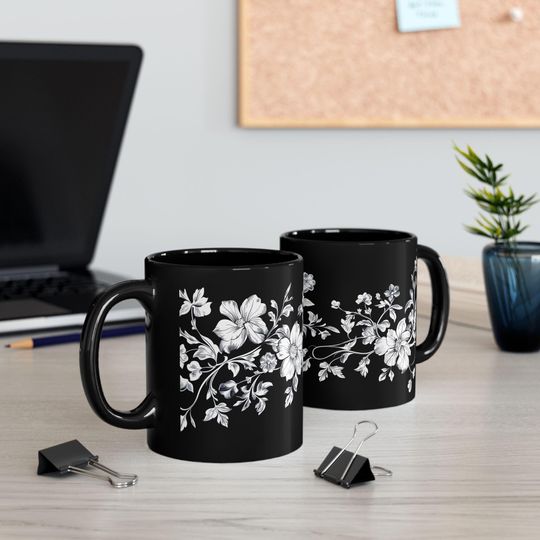 William Morris Inspired Wildflower Black and White Mug Ceramic Floral Design