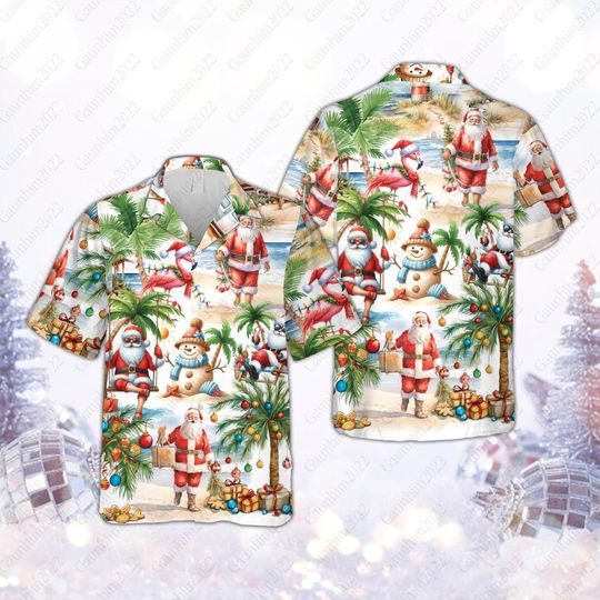 Tropical Christmas Hawaiian Shirt, Beach Christmas Button Down Shirt, Santa Flamingo Christmas Shirt, Christmas Palm Tree, Xmas Party Gift