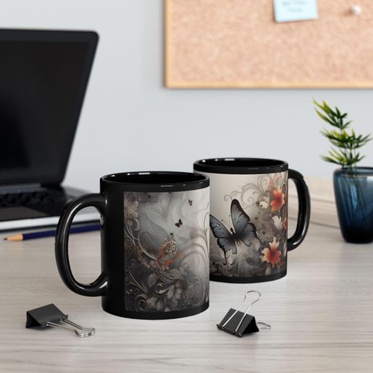 Discover Frosted Elegance - Elegant Butterfly Mug - Butterfly Art Coffee Cup - Butterfly Cup - Gift for Her - 11oz or 15oz Black Ceramic Mug