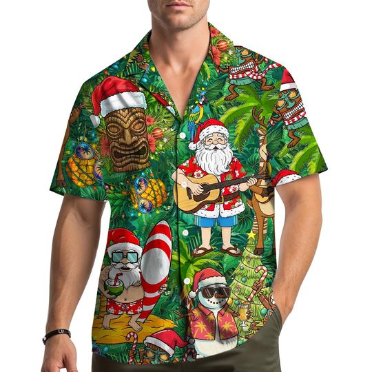 Santa Tiki Surfing Christmas Hawaiian Shirt Men Women Youth, Tropical Holiday Shirt with Snowman Print, Xmas Aloha Shirt Button Down