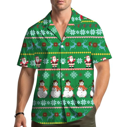 Discover Christmas Hawaiian Shirt Men Women Youth, Funny Santa Snowman Ugly Sweater Style Holiday Party Shirt, Festive Xmas Button Down Shirt