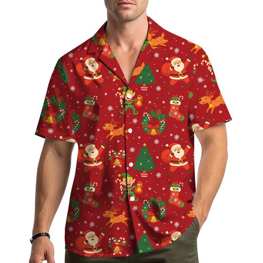 Christmas Santa Reindeer Elf Hawaiian Shirt Men Women Youth, Festive Holiday Xmas Shirt Aloha Button Down, Holiday Party Outfit