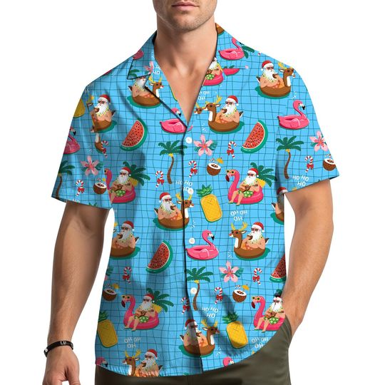 Discover Santa Summer Beach Hawaiian Shirt Men Women Youth, Funny Christmas Holiday Aloha Shirt Button Down, Xmas beach outfit