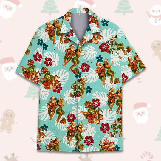 Discover Santa & Hula Girl Hawaiian Shirt for Men Women Youth, Christmas In July Santa Shirt Button Up, Summer Beach Holiday Shirt Short Sleeve