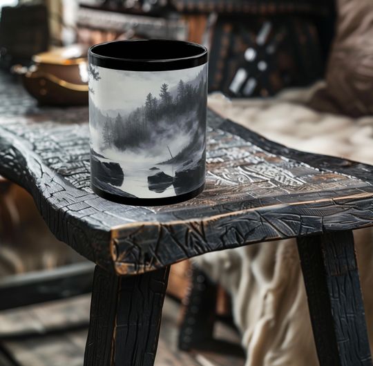 Discover Monochromatic Mountain Creek Fog Rising Forest Mug - Nature Mug - Landscape Mug - Black and White Mug - 11oz or 15oz Black Ceramic Mug