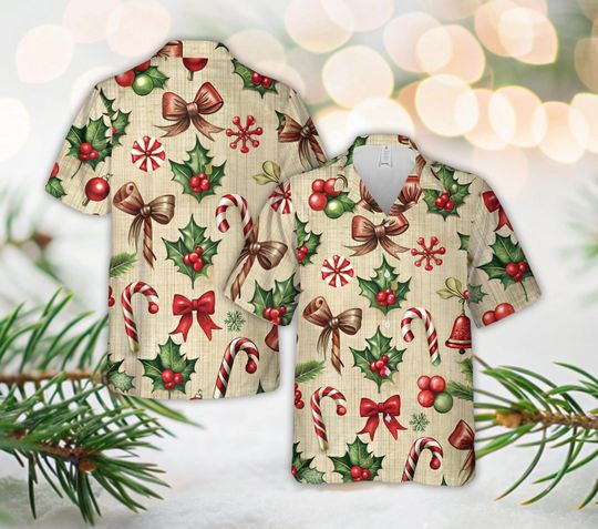 Discover Coquette Christmas Candy Cane Hawaiian Shirt, Christmas Holly Berries Button Down Shirt, Snowflake Christmas Shirt For Men Women, Xmas Shirt
