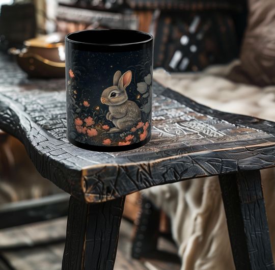 Discover Woodland Bunny Mug - Forest Cottagecore Rabbit Mug - Cute Bunny Coffee Cup - Gift for Daughter or Wife - 11oz or 15oz Black Ceramic Mug