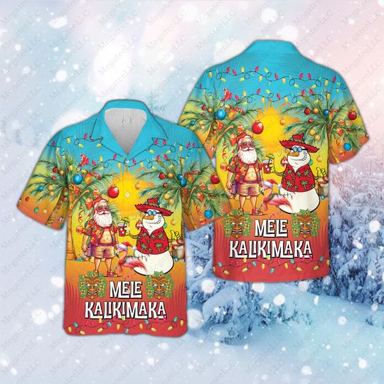 Mele Kalikimaka Hawaiian Shirt, Tropical Christmas Button Down Shirt, Beach Santa Xmas Winter Holiday, Tiki Hawaii Christmas Vacation Gift