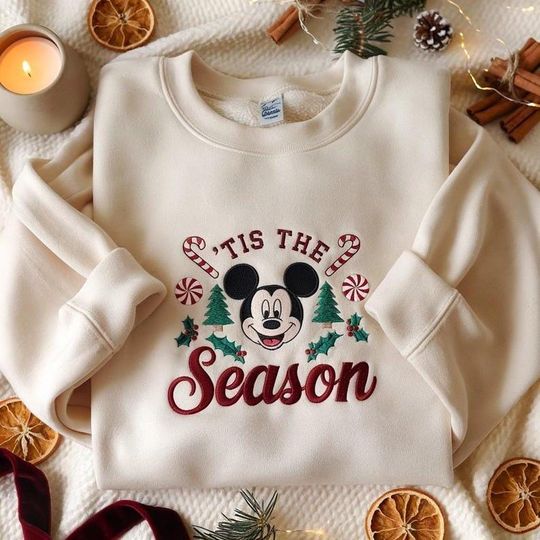 Discover EMBROIDERED Mickey 'Tis the Season Christmas Sweatshirt, Disney Holiday Sweater, Mickey Mouse Xmas Crewneck, Mickey Merry Christmas Shirt