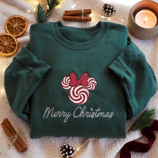 Discover EMBROIDERED Minnie Peppermint Christmas Sweatshirt, Minnie Merry Christmas Sweater, Disney Holiday Shirt, Minnie Xmas Shirt,Candy Cane Shirt