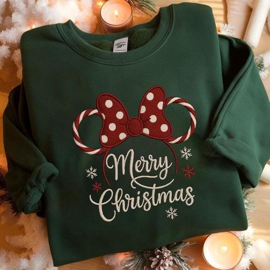Discover EMBROIDERED Peppermint Minnie Christmas Sweatshirt, Minnie Mouse Xmas Sweater, Disney Holiday Shirt, Candy Cane Christmas Shirt, Merry Xmas