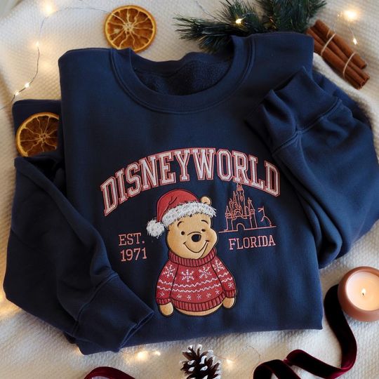 EMBROIDERED Disneyworld Christmas Sweatshirt, Pooh Bear Holiday Shirt, Winnie The Pooh Xmas, Disney Florida Xmas Sweater, Disney Trip Shirt