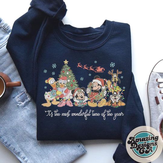 Discover EMBROIDERED Mickey & friends Christmas sweatshirt Tshirt, It's the most wonderful time of the year Disneyland WDW Xmas embroidery shirt