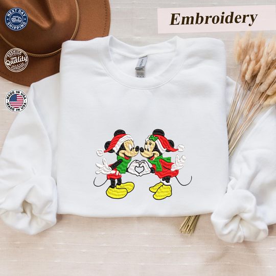 Disney Minnie And Mickey Christmas Sweatshirt, Disney Christmas Hoodie, Disney Family Christmas Gift, Christmas Hoodie, Embroidered Gift