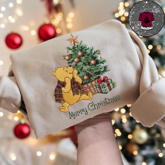 Discover Embroidered Winnie the Pooh with Christmas tree T-shirt Sweatshirt Hoodie, Pooh Bear Christmas Shirt, Disney Family Christmas Shirt