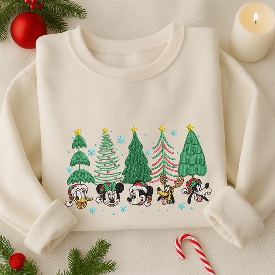 Christmas WDW Cartoon Embroidered Sweatshirt, Mk Mn Mouse Embroidered Shirt, Christmas Tree Hoodie, Merry and Bright Shirt, Christmas Gift