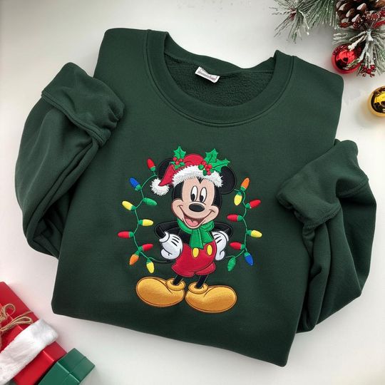 Discover Disney Christmas Embroidered Sweatshirt, Mickey Mouse Sweater, Holiday Lights Disney Shirt, Xmas Mickey Crewneck, Cute Christmas Pullover