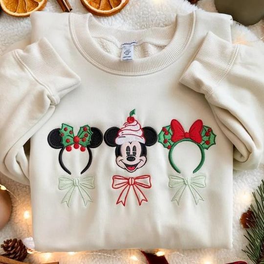 Discover Embroidered Mickey Christmas Sweatshirt - Coquette Bow Disney Holiday Crewneck -  Festive Mickey Mouse Xmas Sweater