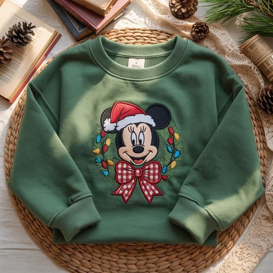 Discover Coquette Bow Minnie Christmas Embroidered Sweatshirt, Disney Holiday Sweater, Minnie Mouse Santa Hat Shirt, Disney Christmas Party Shirt