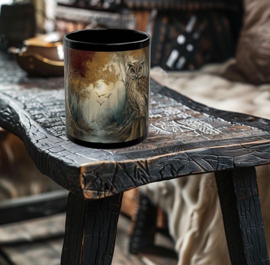 Discover Autumn Forest Owl Mug - Rustic Owl Art Mug - Owl Coffee Cup - Wildlife Coffee Cup - 11oz or 15oz Black Ceramic Mug