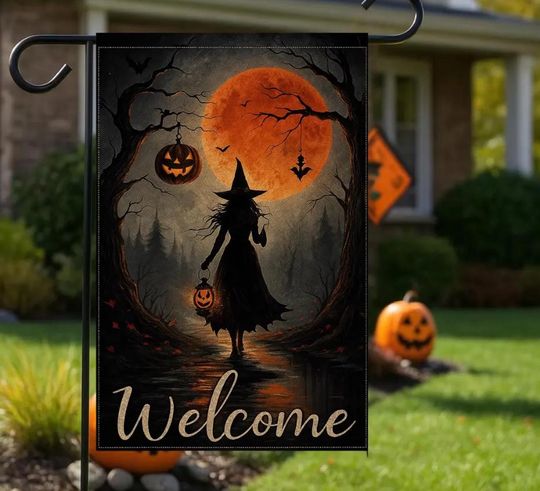 Discover Witch Halloween Garden Flag with Pumpkin Lantern and Blood Moon, Spooky Welcome Yard Decor, Gothic Fall Outdoor Sign, Haunted House Flag