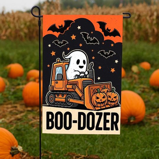 Discover Boo-Dozer Halloween Garden Flag Cute Ghost Driving Dozer with Pumpkins - Fall Outdoor Yard Flag for Porch, Pumpkin Patch, Trick or Treat