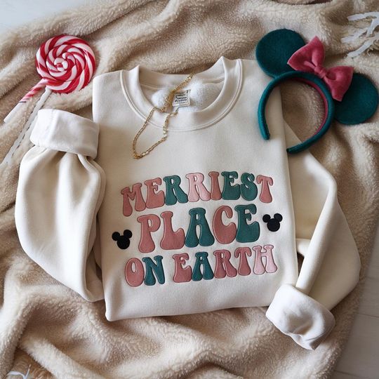 Discover Embroidered Merriest Place On Earth Sweatshirt Christmas Sweatshirt Happiest Place Matching Mouse Ears Shirt Xmas Family Trip Shirt Colorful
