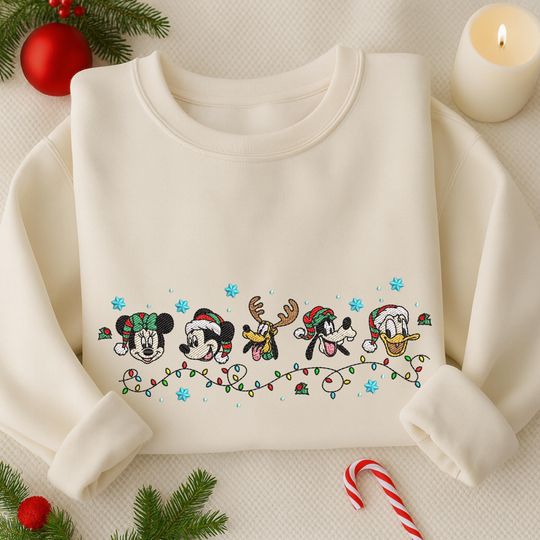 Discover Christmas Mk Mn Mouse Embroidered Sweatshirt, Christmas WDW Cartoon Embroidered Shirt, MK Friends Shirt, Merry Christmas Hoodie