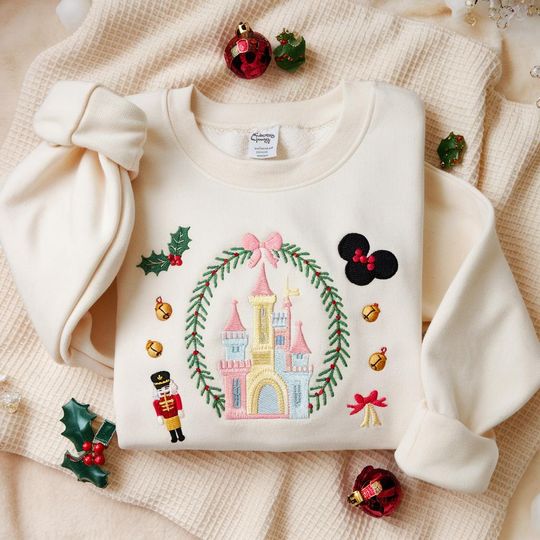 Discover EMBROIDERED Disney Coquette Bow Christmas Sweatshirt, Mickey Xmas Shirt, Disney Magic Castle Christmas Tee, Disney Holiday Season Shirt