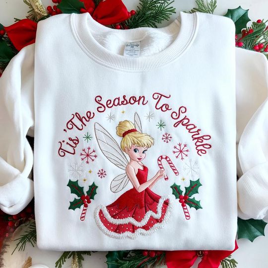 Tinker Bell Christmas Embroidered Sweatshirt, Disney Fairy Holiday Shirt, Tis The Season to Sparkle Crewneck, Disney Gift Shirt
