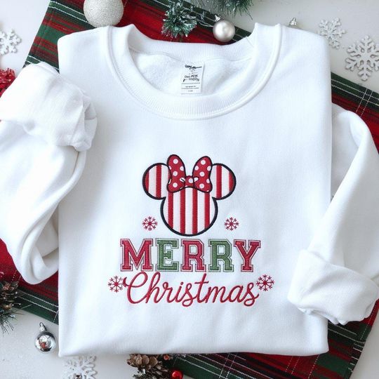 Discover Minnie Christmas Embroidered Sweatshirt, Disney Holiday Merry Christmas Top, Minnie Mouse Gift, Disney Christmas Crewneck Sweater