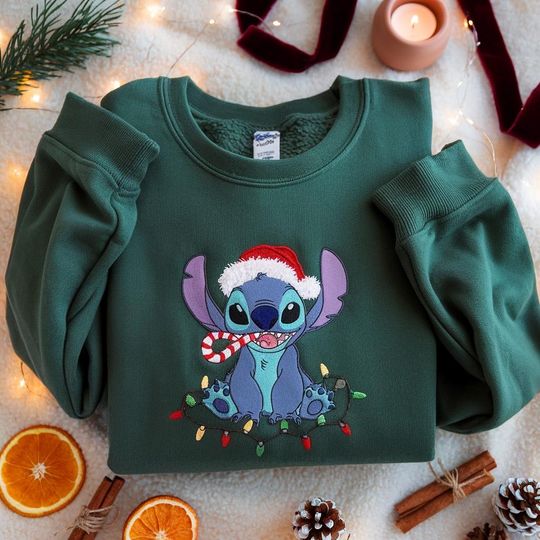 Discover EMBROIDERED Stitch Christmas Lights Sweatshirt, Disney Holiday Shirt, Stitch Xmas Sweater, Lilo and Stitch Crewneck, Festive Stitch Shirt