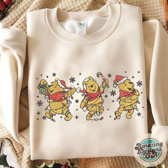 Discover EMBROIDERED Winnie The Pooh Christmas sweatshirt Tshirt, Disneyland Disneyworld Christmas embroidery shirt, Mickey's Verry Merry Xmas shirt