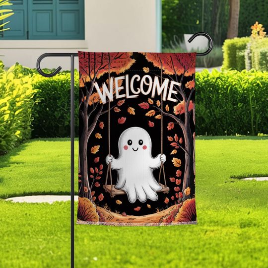 Cute Ghost Welcome Flag, Halloween Garden Flag, Outdoor Yard Decoration, Fall Leaves Canvas Flag, Seasonal Porch Decor Gift