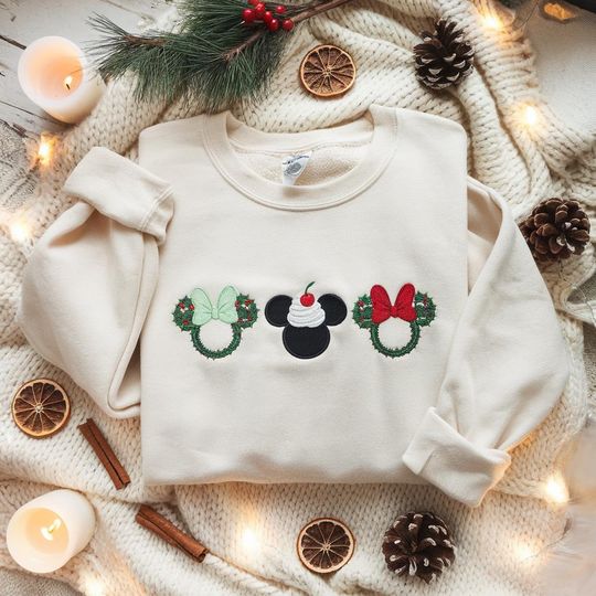 Embroidered Disney Christmas Wreath Sweatshirt, Mickey Holiday Crewneck, Festive Disney Shirt, Xmas Wreath Ears Shirt, Holiday Disney Tee