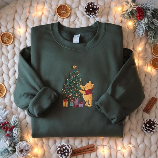 Discover EMBROIDERED Winnie the Pooh Christmas Sweatshirt, Christmas Disney Pooh Bear Shirt, Pooh Bear and Christmas Tree Shirt, Disney Xmas Tree Tee