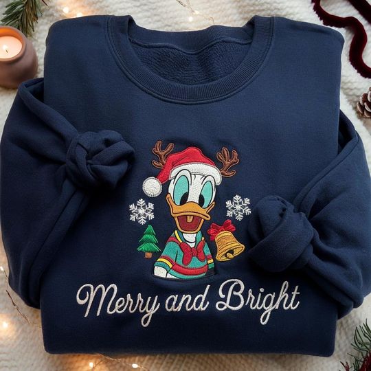 EMBROIDERED Donald Duck Christmas Sweatshirt, Disney Merry and Bright Crewneck, Disney Holiday Sweater, Donald Xmas Shirt, Xmas Trip Shirt
