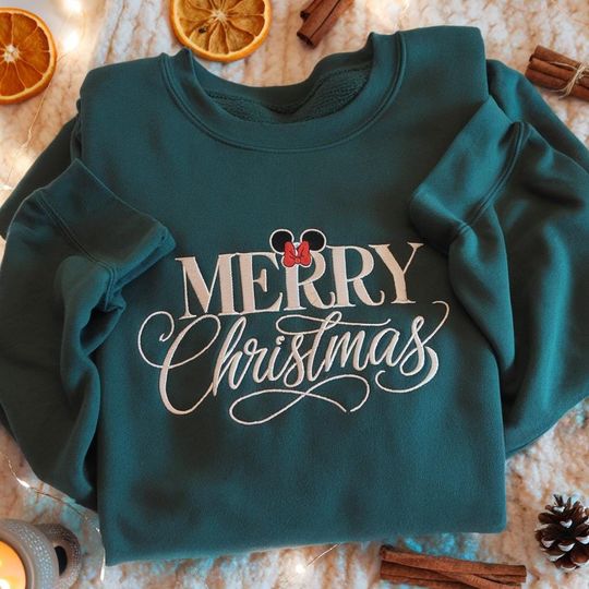 Discover EMBROIDERED Disney Merry Christmas Sweatshirt, Holiday Minnie Shirt, Disneyland Xmas Sweater, Festive Mickey Christmas Crewneck, Xmas Shirt
