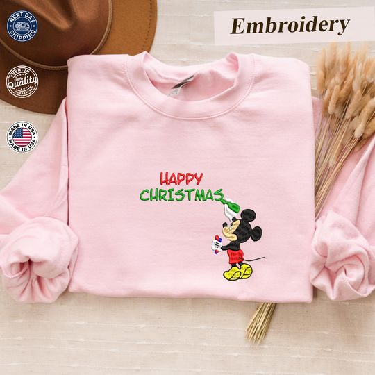 Discover Mickey Mouse Happy Christmas Sweatshirt, Embroidered Hoodie, Christmas Hoodie, Family Gift, Christmas Gift, Disney Lover Gift, Mickey Mouse