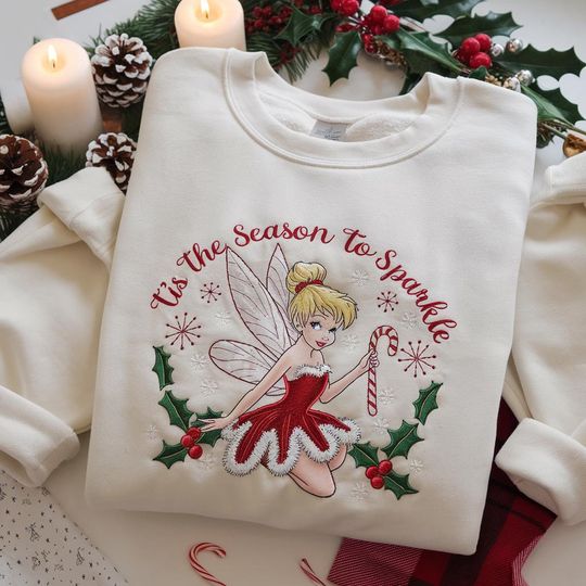 Tis The Season To Sparkle Tinker Bell Embroidered Sweatshirt, Disney Christmas Crewneck, Tinkerbell Holiday Shirt, Disney Magical Fairy Gift