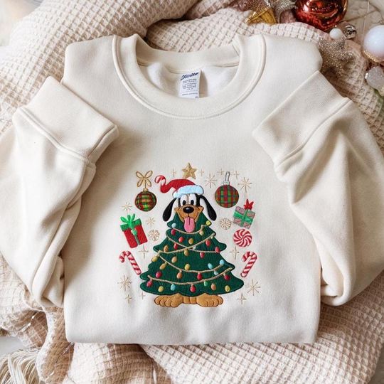 Pluto Christmas Tree Embroidered Sweatshirt, Disney Pluto Santa Hat Shirt, Pluto Christmas Lights Shirt, Disney Xmas Sweater,Merry Christmas
