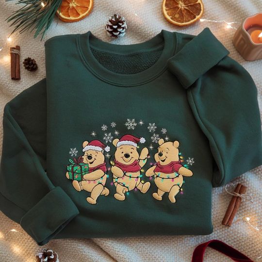 Discover EMBROIDERED Pooh Bear Lights Sweatshirt, Disney Holiday Shirt, Winnie the Pooh Xmas Sweater, Disney Pooh Crewneck, Festive Pooh Shirt
