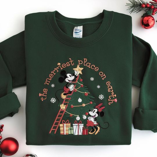Discover Disney The Merriest Place On Earth Sweatshirt, Embroidered Disney Christmas Shirt, Minnie And Mickey Christmas Shirt, Holiday Disney Tee