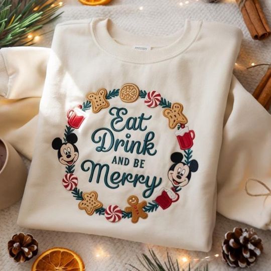 EMBROIDERED Disney Snacks Christmas Sweatshirt, Eat Drink And Be Merry Xmas Shirt, WDW Disneyland Xmas Trip Tee, Christmas Family Shirts